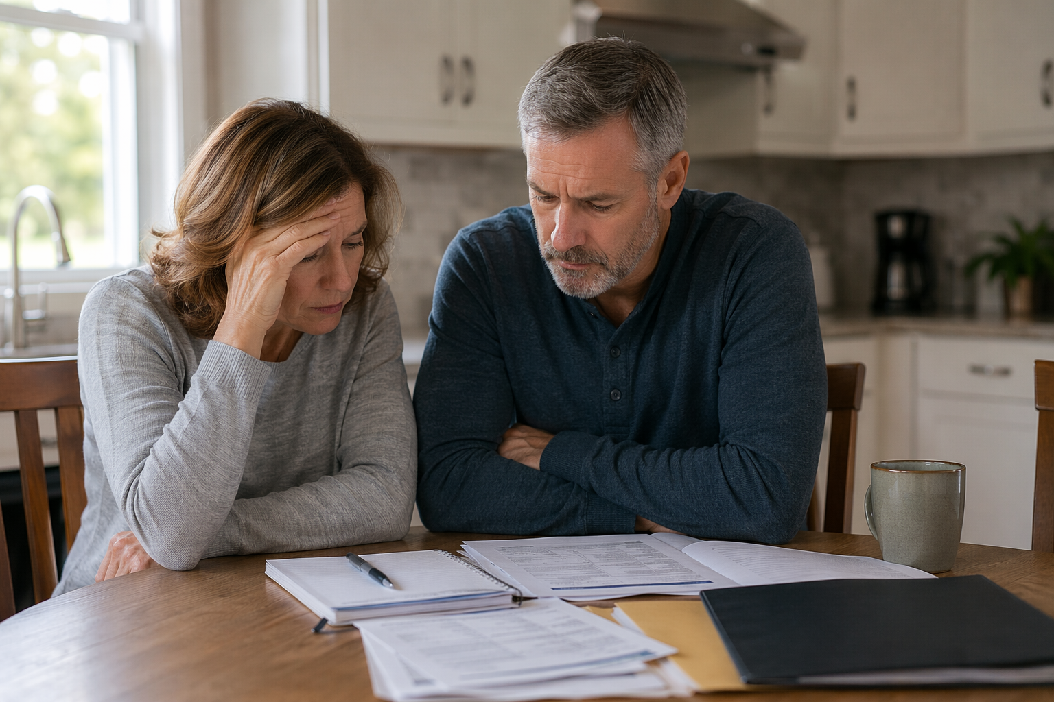 Concerned couple reviewing paperwork at a kitchen table while discussing what to do with a parent’s home